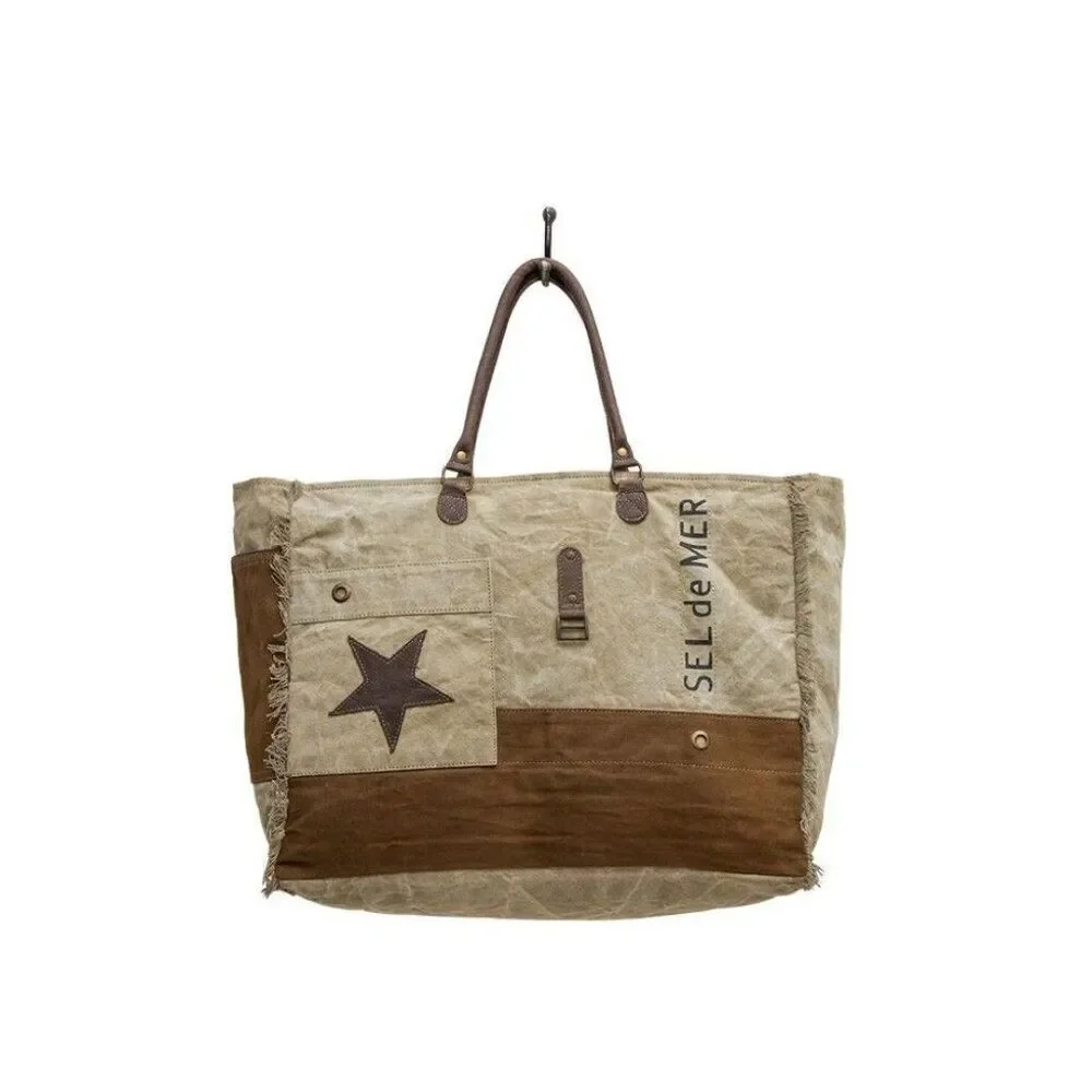 Myra Bag Handmade Winsta Weekender Bag Upcycled Canvas & Cowhide Leather